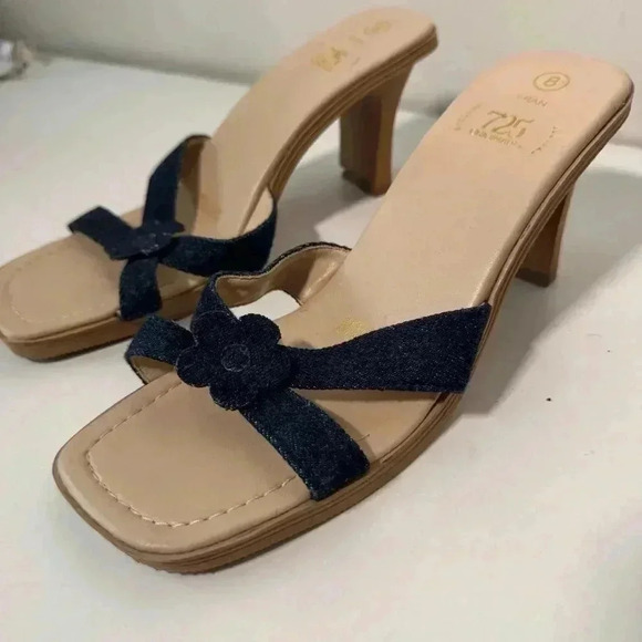 Y2K vintage denim floral block heel sandal  8 coastal cowgirl - Picture 5 of 7